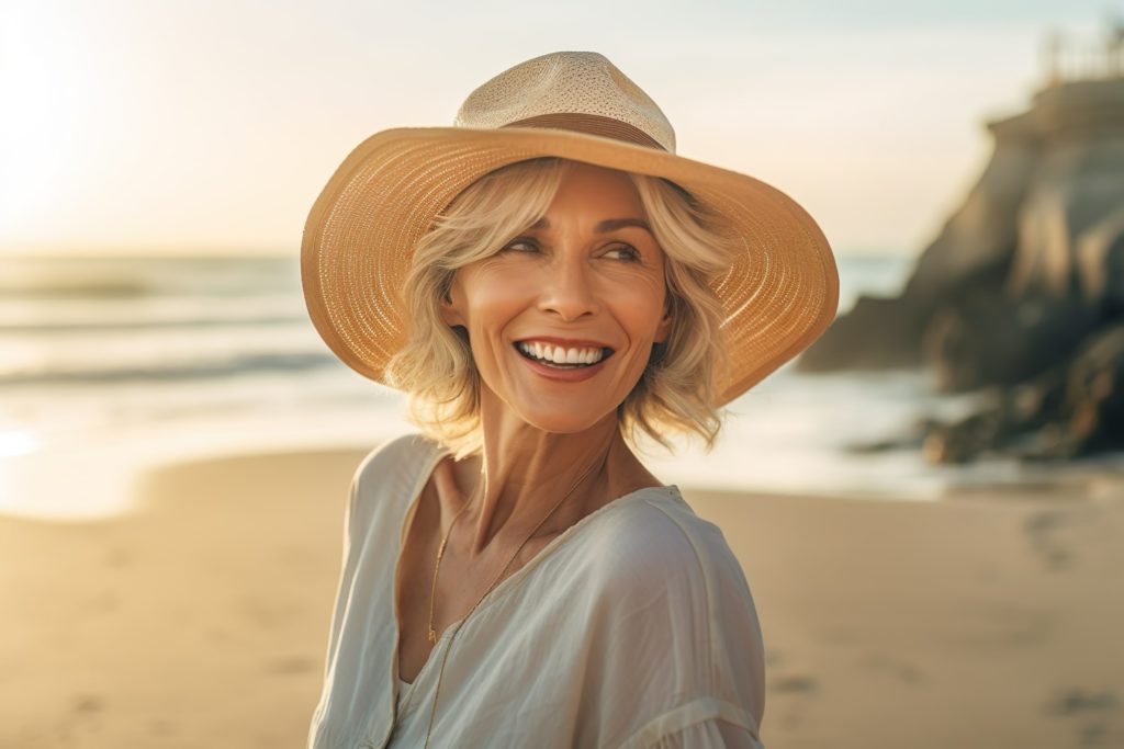 Woman smiling while walking on the beach at sunset